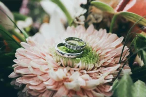 Zwei Eheringe auf Blume – Symbol für heiraten in Dänemark Voraussetzungen
